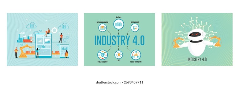 Industrial IoT Dashboard Scene With Robots, Cloud Computing, and Team Analyzing Data.   Data Management, IoT, Cybersecurity, and Cloud Computing. AI management work robots on factory.