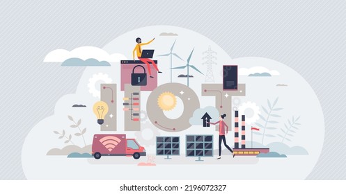 Industrial IoT devices connection for smart factories tiny person concept. Digital automation and efficiency for smart system process management vector illustration. New generation technology