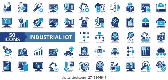 industrial iot icon set flat style illustration. containing internet of things, sensor fusion, protocol conversion, condition monitoring, cloud connectivity, remote diagnostics, edge computing