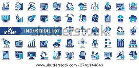 industrial iot icon set flat style illustration. containing internet of things, sensor fusion, protocol conversion, condition monitoring, cloud connectivity, remote diagnostics, edge computing