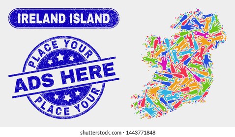 Industrial Ireland Island Map And Blue Place Your Ads Here Textured Seal Stamp. Colored Vector Ireland Island Map Mosaic Of Mechanics Components. Blue Rounded Place Your Ads Here Seal.