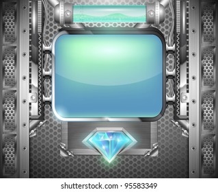 industrial iron background with blue screen and jewel