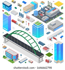 Industrial Isometric city scene generator creator vector design objects illustration. Factory Plant Warehouse Skyscrapers buildings bridge truck cars vehicles street objects collection.