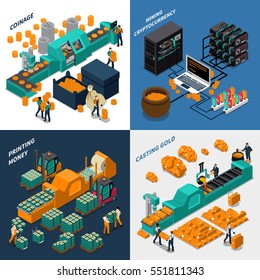 Industrial isometric concept with manufacturing of different types of money mechanical equipment and workers vector illustration