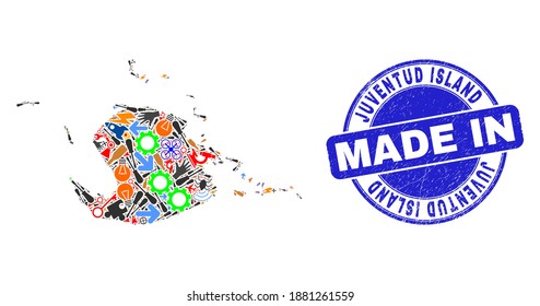 Industrial Juventud Island map mosaic and MADE IN scratched stamp. Juventud Island map mosaic composed with wrenches,wheel,screwdrivers,elements,cars,power sparks,rockets.