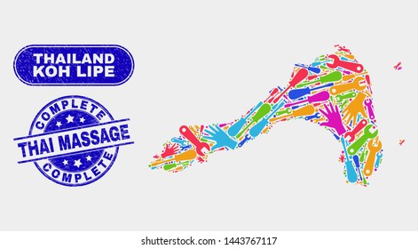 Industrial Koh Lipe map and blue Complete Thai Massage distress seal. Colored vector Koh Lipe map mosaic of workshop. Blue round Complete Thai Massage seal.