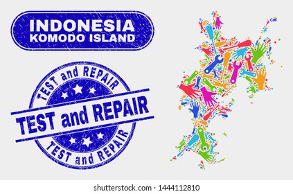 Industrial Komodo Island map and blue Test and Repair textured seal. Colorful vector Komodo Island map mosaic of mechanics items. Blue rounded Test and Repair rubber.