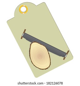 Industrial label, sawn timber and a two-handed saw. Vector illustration.