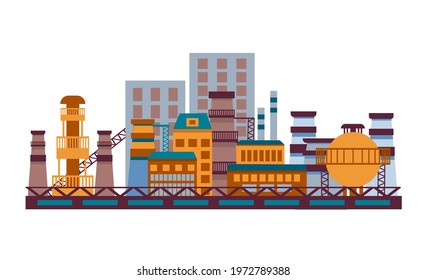 Industrial landscape. Industrial area of the city. Factory building. Infographic icon. Industrial complex, isolated on a white background. Power plants with chimneys, pipes, tanks. vector.flat style