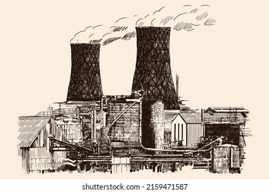 Industrial landscape with industrial buildings and pipes from blast furnaces. A simple sketch on a beige background.