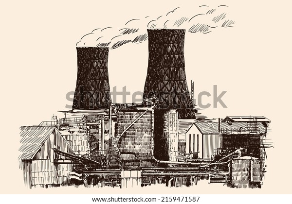 Industrial\
landscape with industrial buildings and pipes from blast furnaces.\
A simple sketch on a beige\
background.