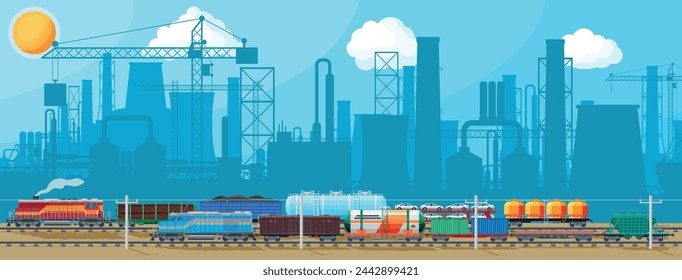 Paisaje industrial del transporte ferroviario de carga con planta y tubos de humos. Edificio de la fábrica. Tubos, Edificios, Almacén, Estación de Ferrocarril de Carga. Paisaje urbano Skyline. Ilustración vectorial plana