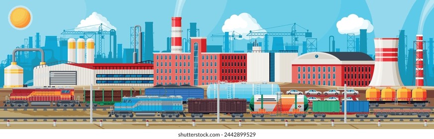 Paisaje Industrial De Transporte Ferroviario De Carga Con Planta Y Tubos De Humos. Edificio de la fábrica. Tubos, Edificios, Almacén, Estación de Ferrocarril de Carga. Paisaje urbano Skyline. Ilustración vectorial plana