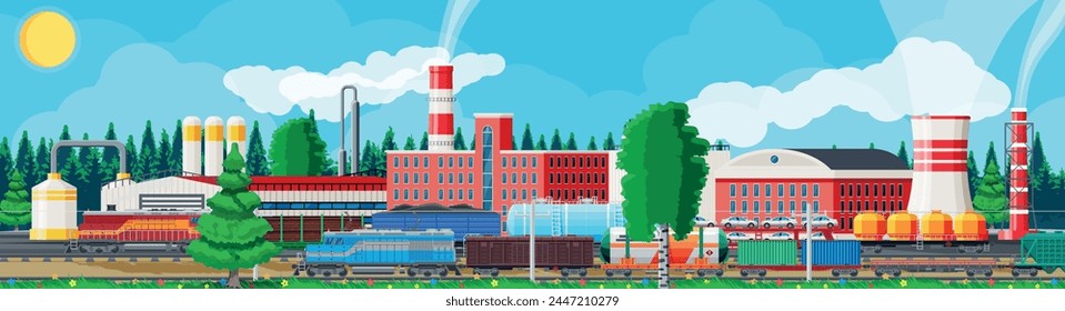 Industrial Landscape Of Cargo Rail Transportation With Plant And Fuming Pipes. Factory Building. Pipes, Buildings, Warehouse, Freight Railway Station. Cityscape Urban Skyline. Flat Vector Illustration