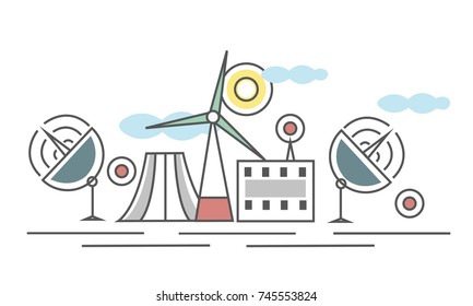 The industrial landscape. Different types of power plants. Thermal power plant with flue pipes and wind power station. Thin line style vector Illustration, isolated on white background.