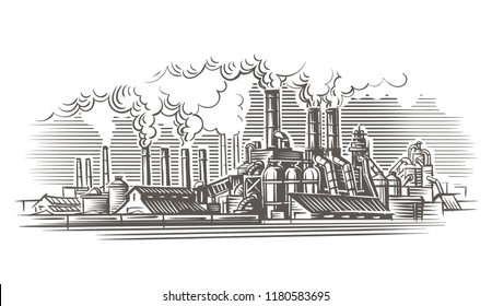 Industrial landscape engraving style illustration. Vector, isolated, layered. 