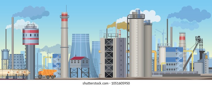 Industrial landscape with factories and manufacturing plants. Flat Vector industry illustration.