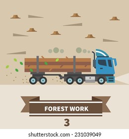 Industrial landscape. Factory and construction. Forest work. Machinery for deforestation. Truck. Vector flat illustration