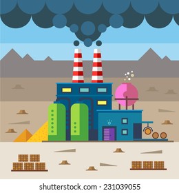 Industrial landscape. Factory and construction. Plant and materials. Environmental pollution and deforestation. Vector flat illustration