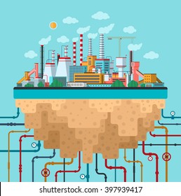 Industrial landscape. Factory, plant, smoking pipes, buildings, constructions, utilities, communications. Ecology and nature pollution conceptual background. Flat design banner. Vector illustration