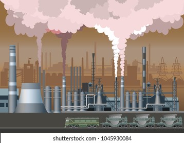 Industrial landscape with the image metallurgical plant and fuming pipes. Vector illustration