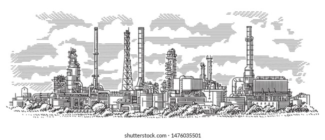 Industrial landscape line (engraving style) drawing. Oil refinery plant. Oil industry illustration. Vector. Sky in separate layer. 