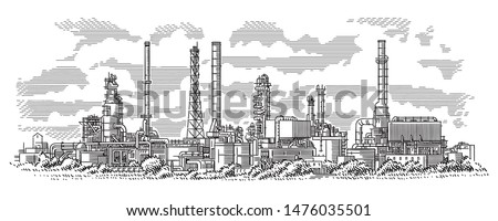 Industrial landscape line (engraving style) drawing. Oil refinery plant. Oil industry illustration. Vector. Sky in separate layer. 