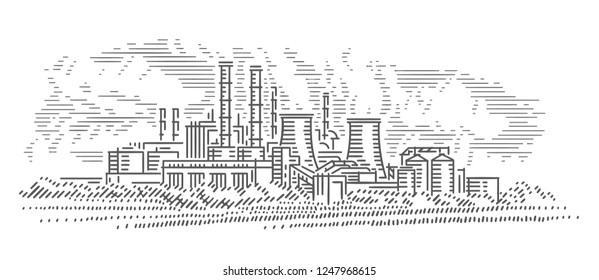 Industrial landscape line illustration. Nuclear power plant. Vector. 