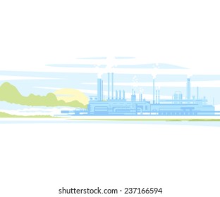 Industrial landscape of manufacturing factory buildings with smoke pipes in sunset. Flat style.