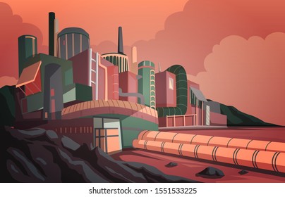 Industrial landscape with modern factory building and warehouse. industry zone with sunrise and cloudy sky. Vector illustration