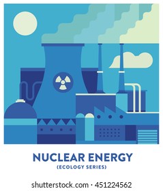 Industrial landscape. The nuclear power plant and factory on the background of the city. Vector flat illustration