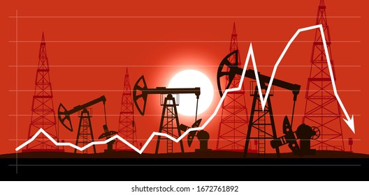 Industrial landscape of oil production against the background of a graph of falling prices per barrel vector illustration