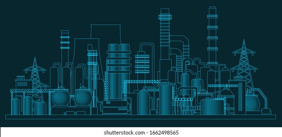 Industrial landscape. Panoramic factoty buildings silhouettes. Neon light on a dark background. Vector illustration.