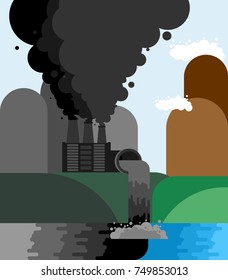 Industrial landscape. Plant emissions into river. Environmental pollution. Black smoke from pipes of factory. Ecological catastrophy. Vector illustration
