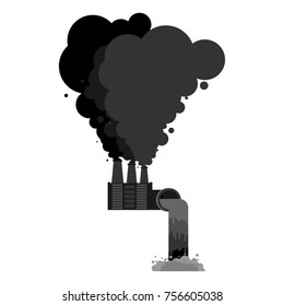 Industrial landscape. Plant poisonous emissions. Environmental pollution. Black smoke from pipes of factory. Ecological catastrophy. Vector illustration