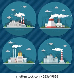 Industrial landscape set. The nuclear power plant and factory on the background of the city.Vector flat illustration
