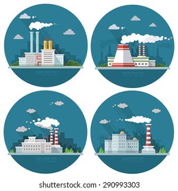 Conjunto de paisagem industrial. A usina nuclear e fábrica no fundo da cidade.Vetor ilustração plana