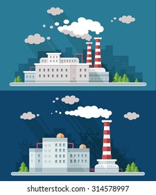 Industrial landscape set. The nuclear power plant and factory on the background of the city. Vector flat illustration
