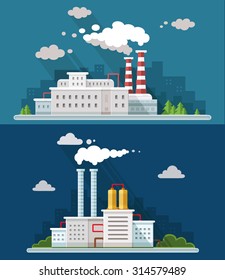 Industrial landscape set. The nuclear power plant and factory on the background of the city. Vector flat illustration
