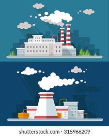 Industrial landscape set. The nuclear power plant and factory on the background of the city. Vector flat illustration
