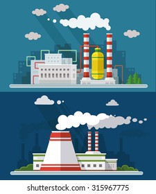 Industrial landscape set. The nuclear power plant and factory on the background of the city. Vector flat illustration