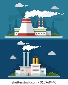 Industrial landscape set. The nuclear power plant and factory on the background of the city. Vector flat illustration