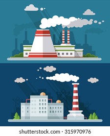 Industrial landscape set. The nuclear power plant and factory on the background of the city. Vector flat illustration