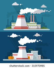 Industrial landscape set. The nuclear power plant and factory on the background of the city. Vector flat illustration
