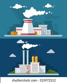 Industrial landscape set. The nuclear power plant and factory on the background of the city. Vector flat illustration