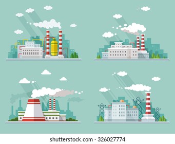 Industrial landscape set. The nuclear power plant and factory on the background of the city.Vector flat illustration
