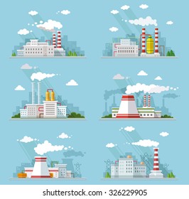 Industrial landscape set. The nuclear power plant and factory on the background of the city.Vector flat illustration