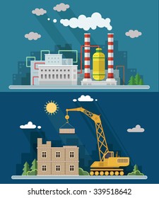 Industrial landscape set. The nuclear power plant and factory, building on the background of the city. Vector flat illustration