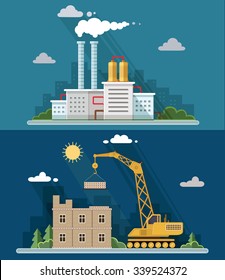 Industrial landscape set. The nuclear power plant and factory, building on the background of the city. Vector flat illustration