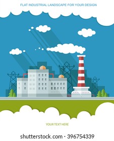 Industrial landscape set. The nuclear power plant and factory on the background of the city.Vector flat illustration